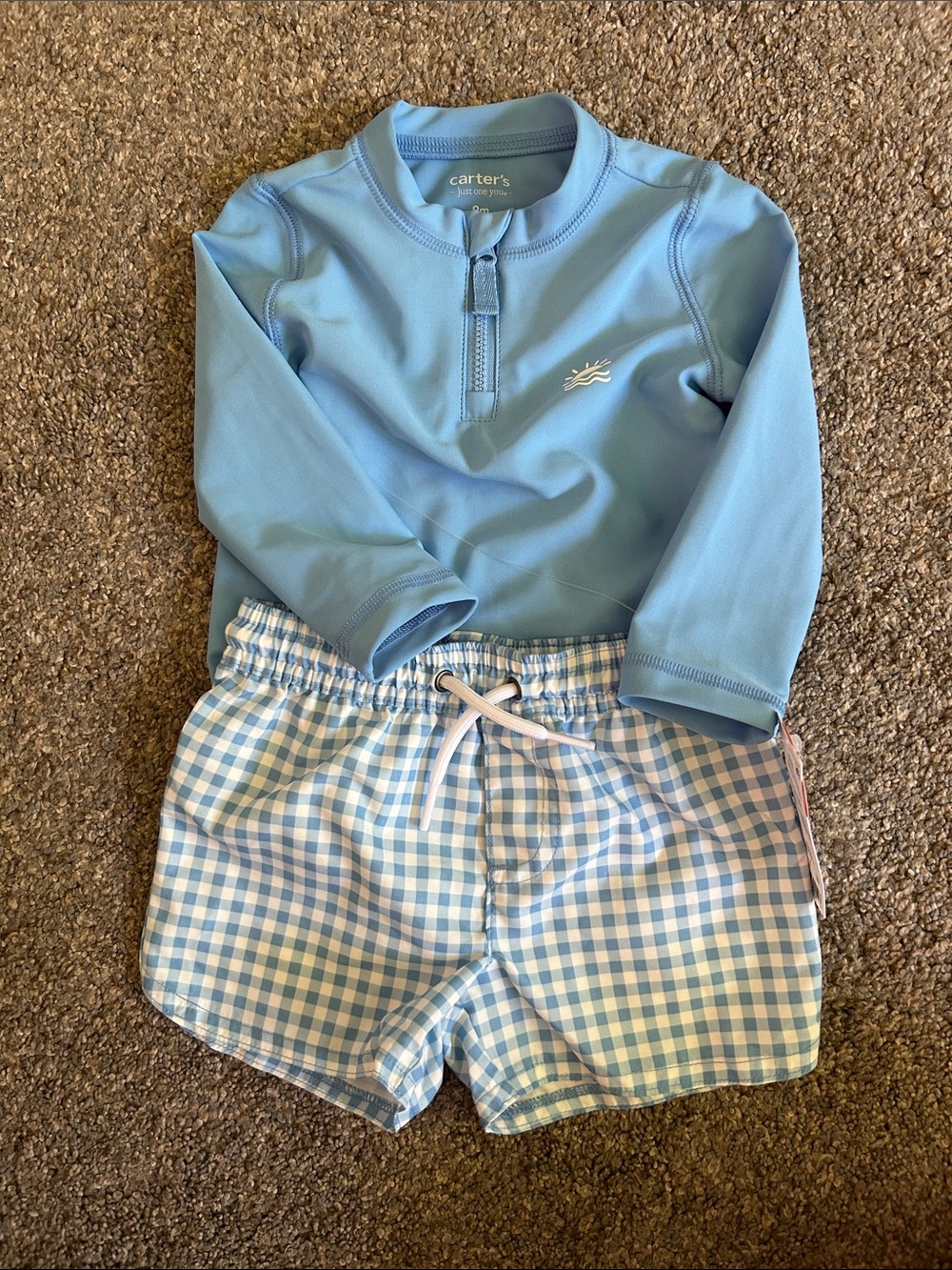 Carter's Blue Long-Sleeve Rash Guard with Blue & White Gingham Swim Shorts